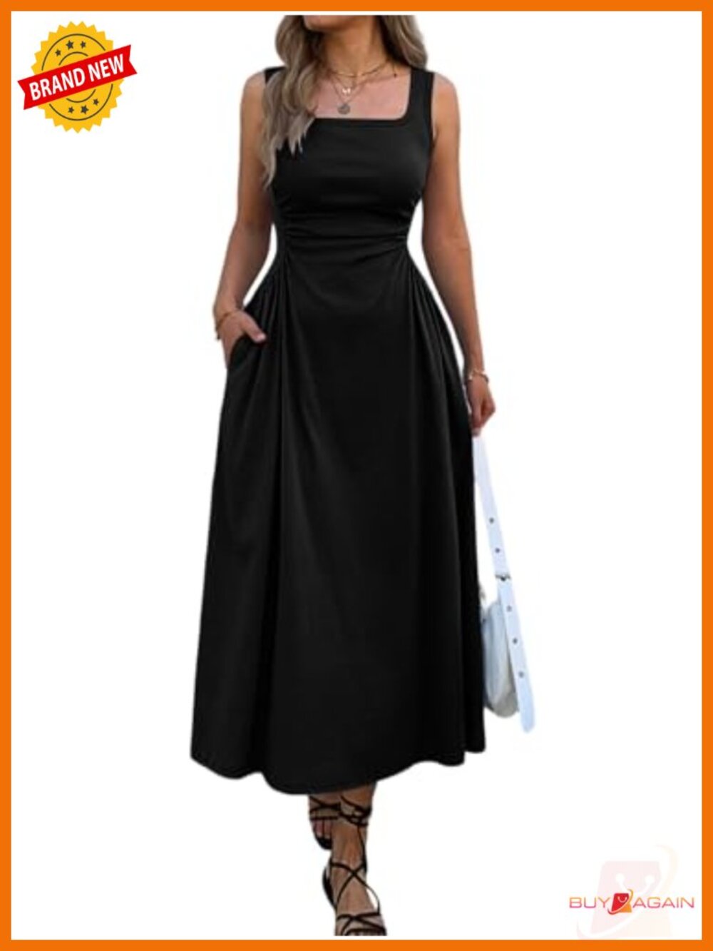 Sleeveless Square Neck Slim-Fit Maxi Dress Ruched Waist Flowy Summer Dress with